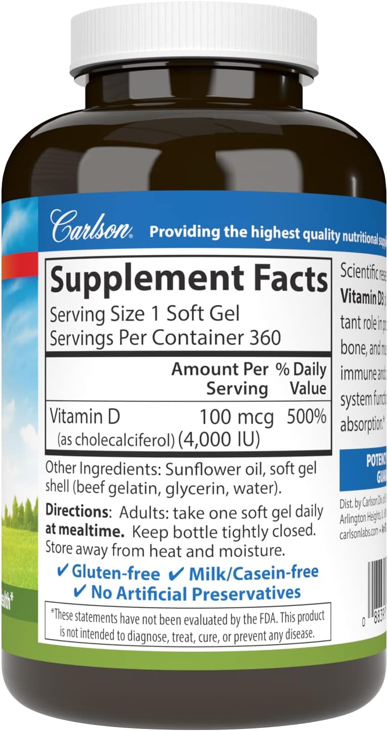 Carlson  Vitamin D3 4000 IU 100 mcg Immune Support Bone Health Muscle Health Cholecalciferol Vitamin D Supplements Vitamin D3 Soft Gels 360 Softgels - Image 2