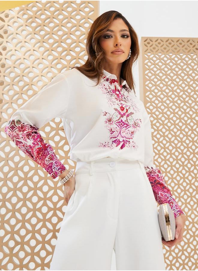 Styli Pearl Embellished Placement Print Shirt  - Image 1