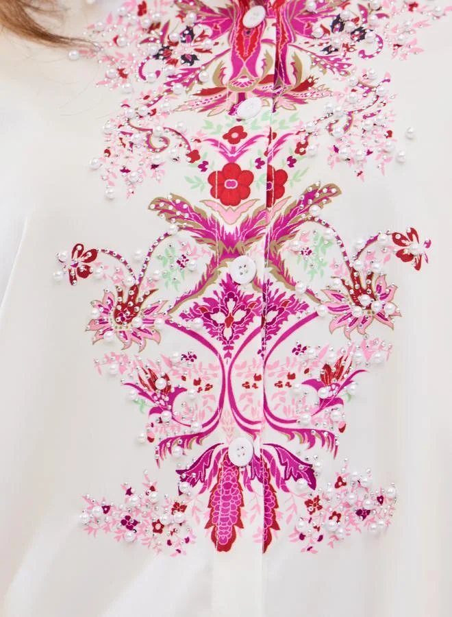 Styli Pearl Embellished Placement Print Shirt