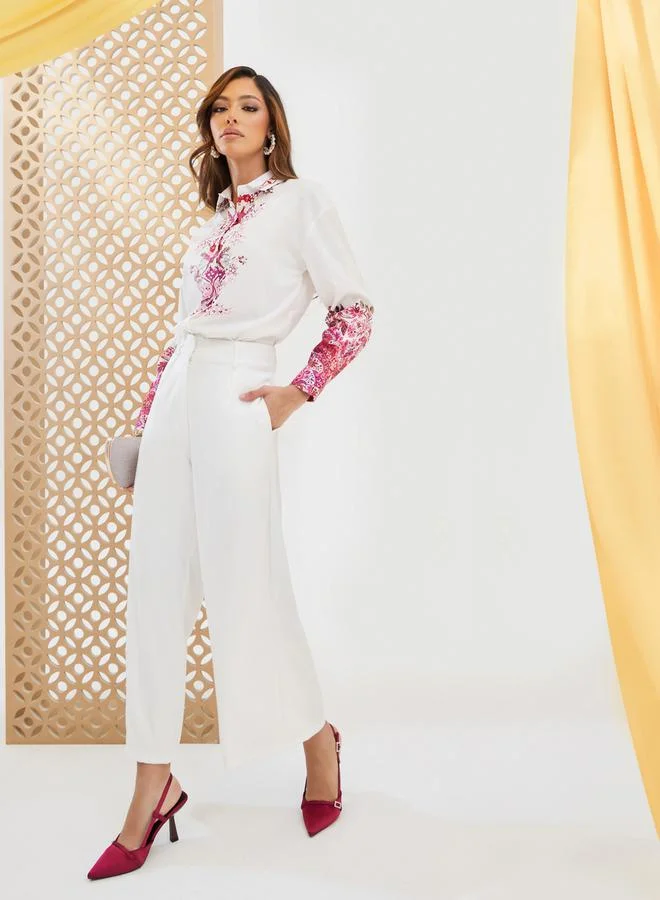 Styli Pearl Embellished Placement Print Shirt