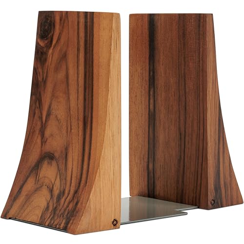TILISMA Bookends Walnut Wood with Metal Base  2 Handmade Book Holders for Heavy Books  Decorative Accessories for Bookshelf Organization and Display
