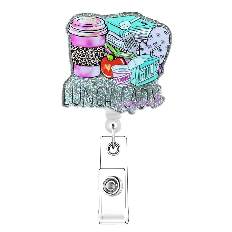 OCOUYVD Lunch Lady Staff Retractable Glitter Badge Reel With Alligator Clip  Funny Lunch Badge Holder Gifts For Cafeteria Worker School Staff Teacher  Lunch Lady Badge Reel - Image 1