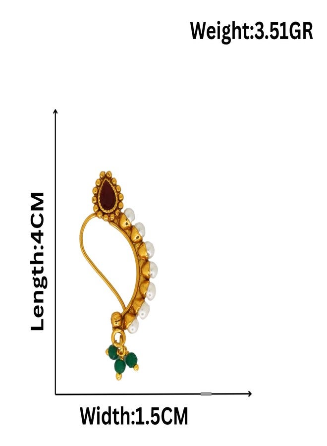 JWELLA Traditional Maharashtrian Nath for Women | Gold Plated Nose Ring with Red Stone, Pearls & Green Beads | Wedding, Bridal & Festive Jewelry - Image 5