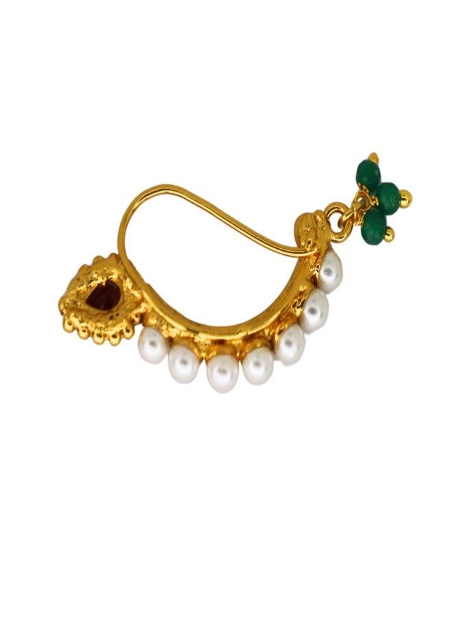 JWELLA Traditional Maharashtrian Nath for Women | Gold Plated Nose Ring with Red Stone, Pearls & Green Beads | Wedding, Bridal & Festive Jewelry - Image 4
