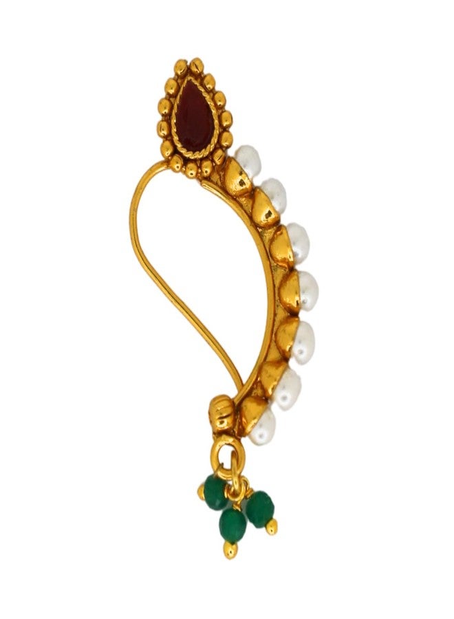 JWELLA Traditional Maharashtrian Nath for Women | Gold Plated Nose Ring with Red Stone, Pearls & Green Beads | Wedding, Bridal & Festive Jewelry - Image 1