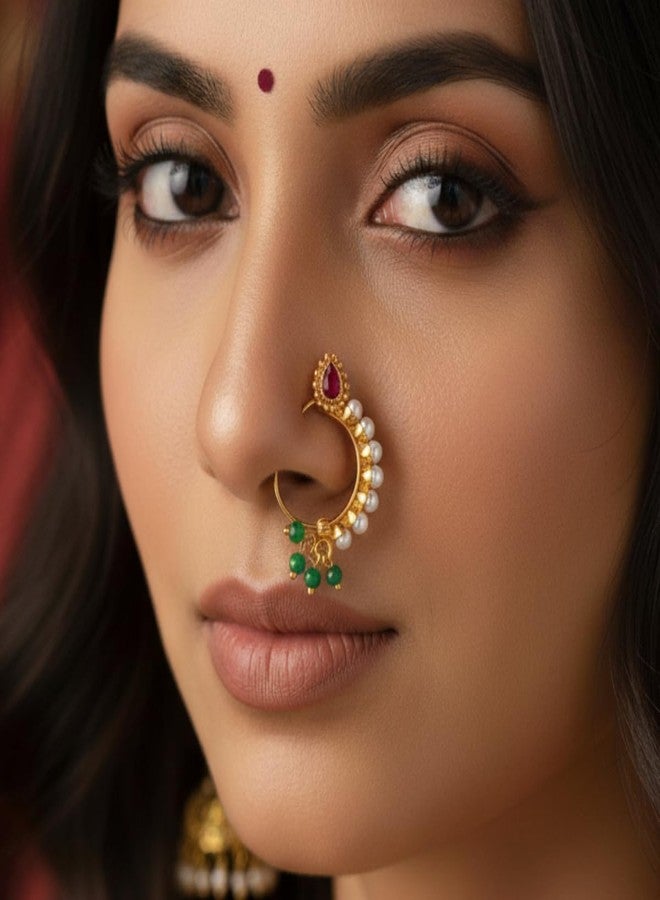 JWELLA Traditional Maharashtrian Nath for Women | Gold Plated Nose Ring with Red Stone, Pearls & Green Beads | Wedding, Bridal & Festive Jewelry - Image 3