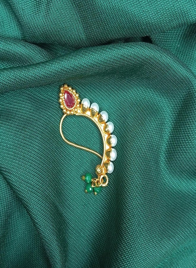 JWELLA Traditional Maharashtrian Nath for Women | Gold Plated Nose Ring with Red Stone, Pearls & Green Beads | Wedding, Bridal & Festive Jewelry - Image 2