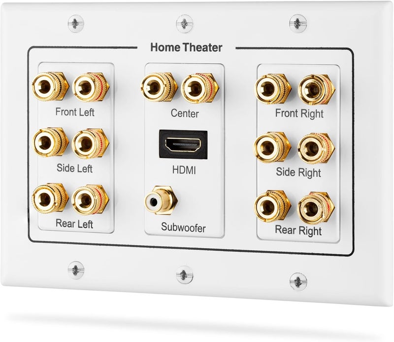 Fosmon HD8006 3-Gang 7.1 Surround Distribution Home Theater Gold Plated Copper Banana Binding Post Coupler Type Wall Plate for 7 Speakers, 1 RCA Jack for Subwoofer & 1 HDMI Port - Image 1