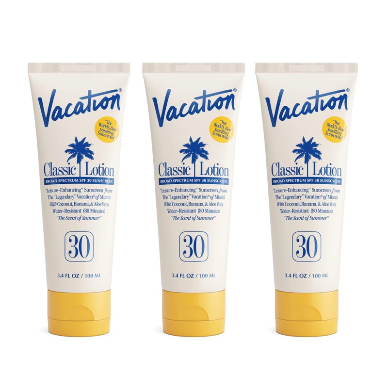 Vacation Classic Sunscreen Lotion SPF 30, Water-Resistant, Lightweight, Transparent on All Skin Tones, Dermatologist-Tested, Vegan, Travel Size, 3.4 Fl. Oz. (Value Pack of 3) - Image 1