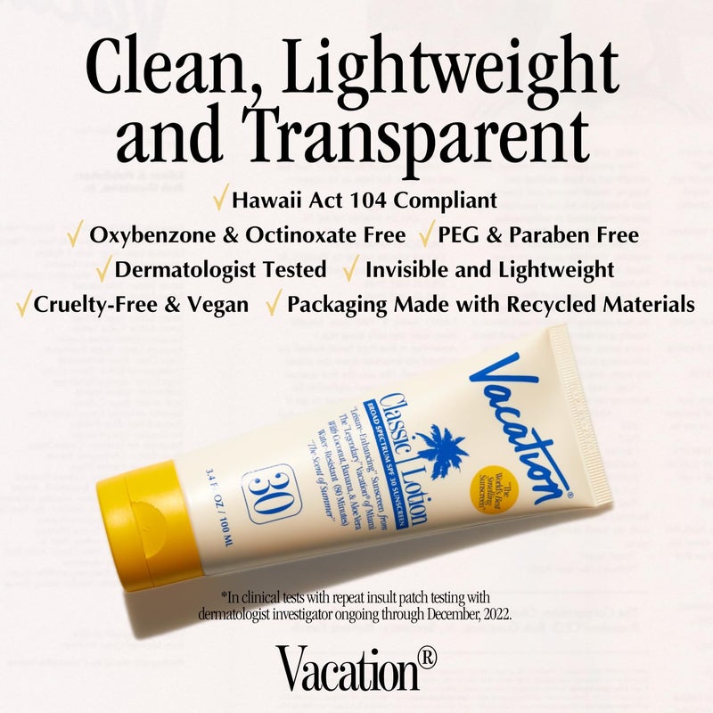 Vacation Classic Sunscreen Lotion SPF 30, Water-Resistant, Lightweight, Transparent on All Skin Tones, Dermatologist-Tested, Vegan, Travel Size, 3.4 Fl. Oz. (Value Pack of 3) - Image 4