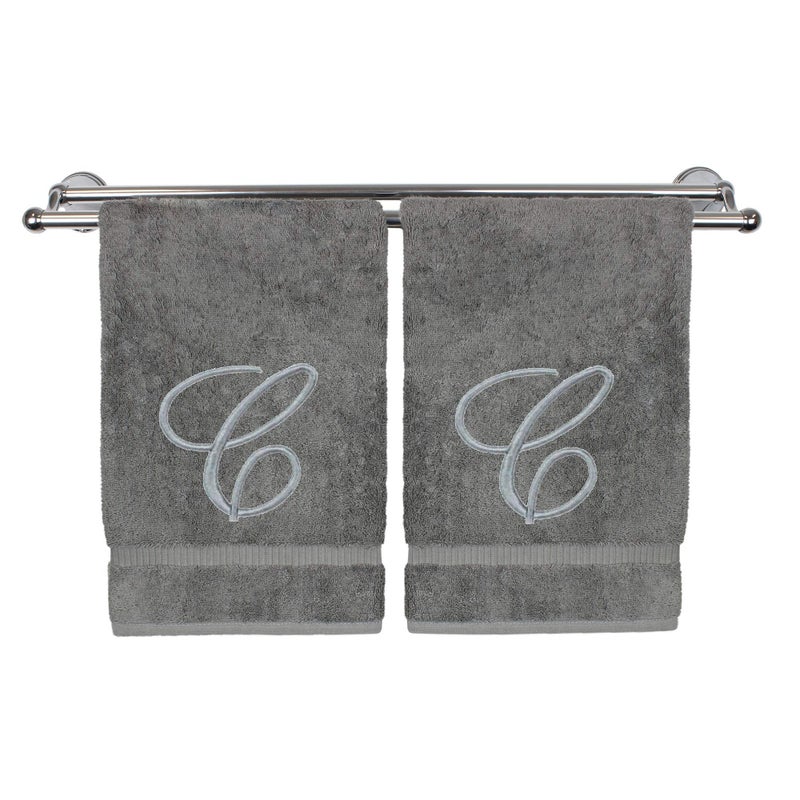 BC BARE COTTON Monogrammed Hand Towel  Personalized Gift  16 x 30 Inches - Set of 2 - Silver Embroidered Towel - Extra Absorbent 100% Turkish Cotton- Soft Terry Finish - for Bathroom  Kitchen and Spa- Script C Gray - Image 1