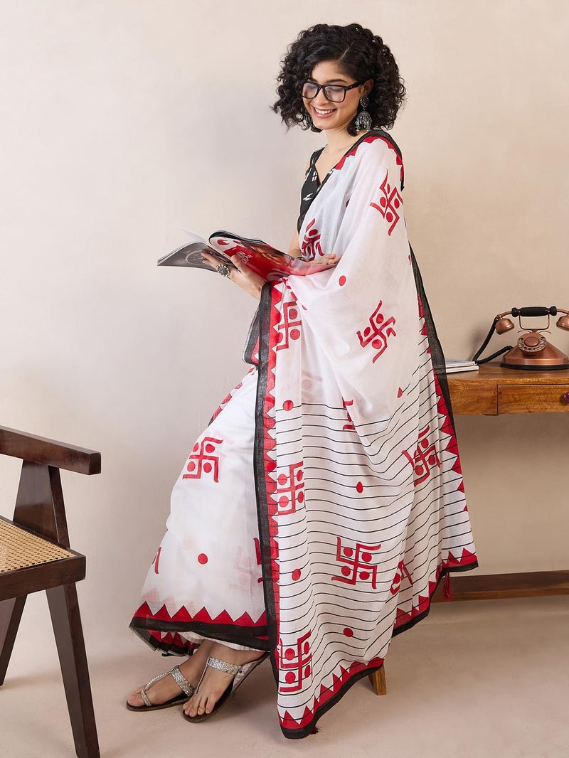 SAREE MALL Women's White Cotton Bagh Printed Ready To Wear one Minute Saree With Blouse Piece (RTWMINAXI7602_SMC) - Image 4