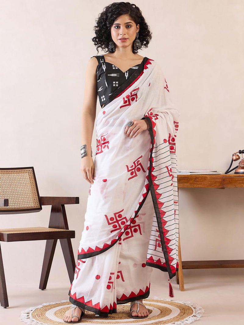 SAREE MALL Women's White Cotton Bagh Printed Ready To Wear one Minute Saree With Blouse Piece (RTWMINAXI7602_SMC) - Image 2