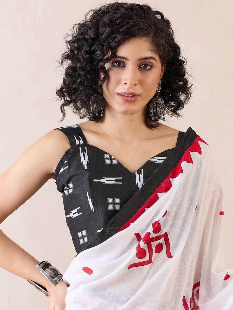 SAREE MALL Women's White Cotton Bagh Printed Ready To Wear one Minute Saree With Blouse Piece (RTWMINAXI7602_SMC) - Image 5