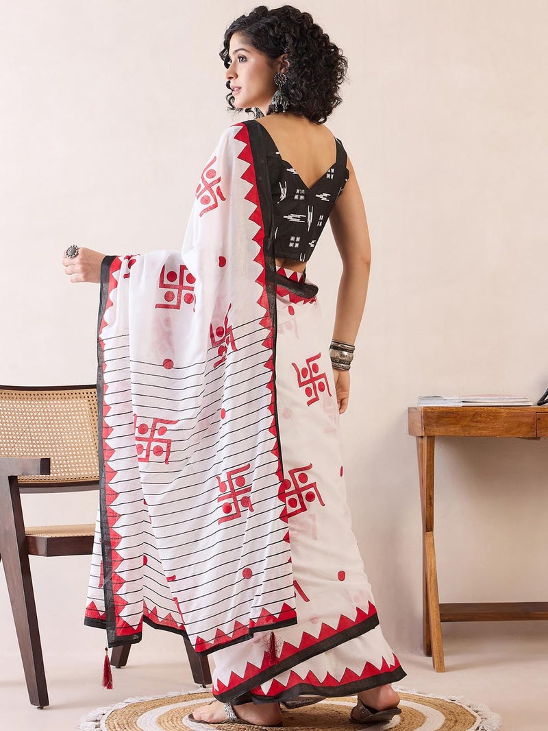 SAREE MALL Women's White Cotton Bagh Printed Ready To Wear one Minute Saree With Blouse Piece (RTWMINAXI7602_SMC) - Image 3