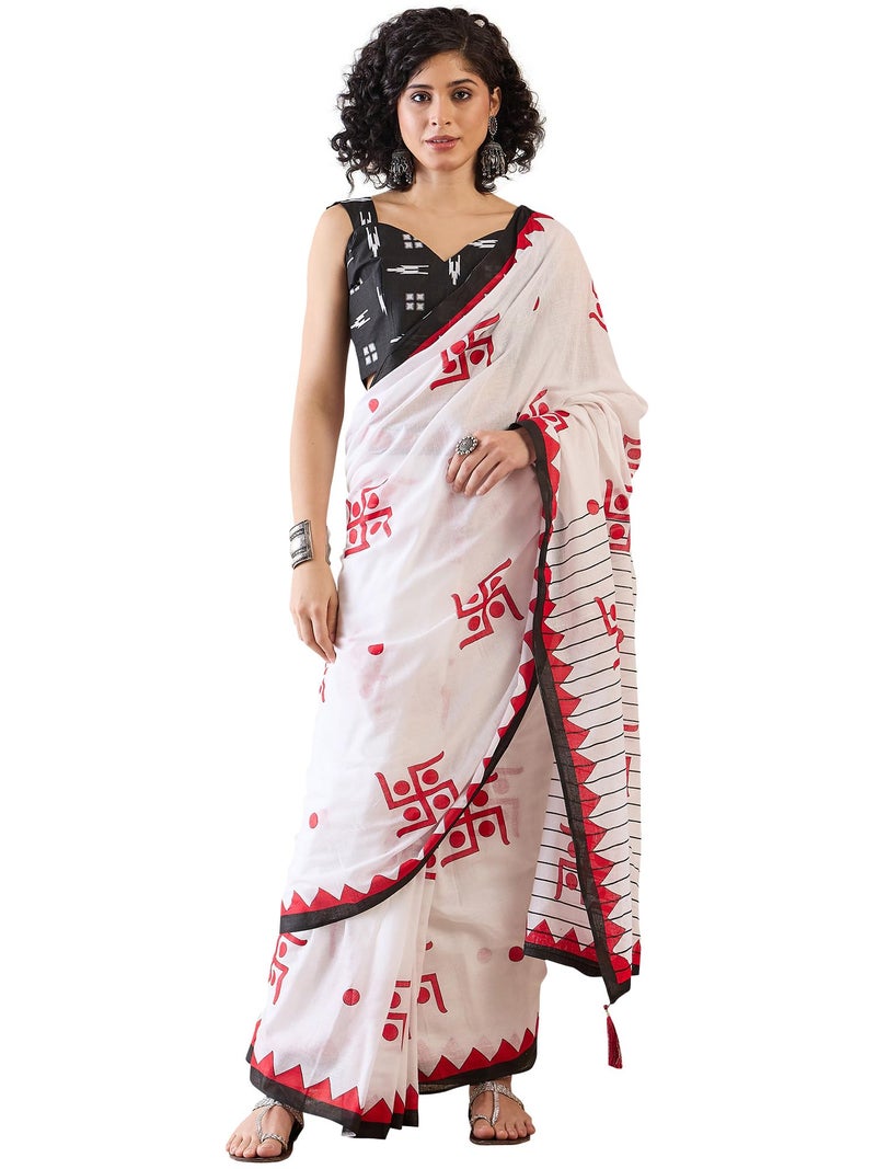 SAREE MALL Women's White Cotton Bagh Printed Ready To Wear one Minute Saree With Blouse Piece (RTWMINAXI7602_SMC) - Image 1