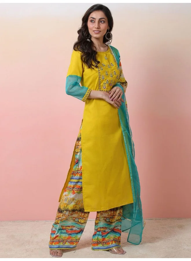 AKS  Floral Yoke Design Gotta Patti Straight Kurta With Palazzos & Dupatta for Women | Best Price UAE