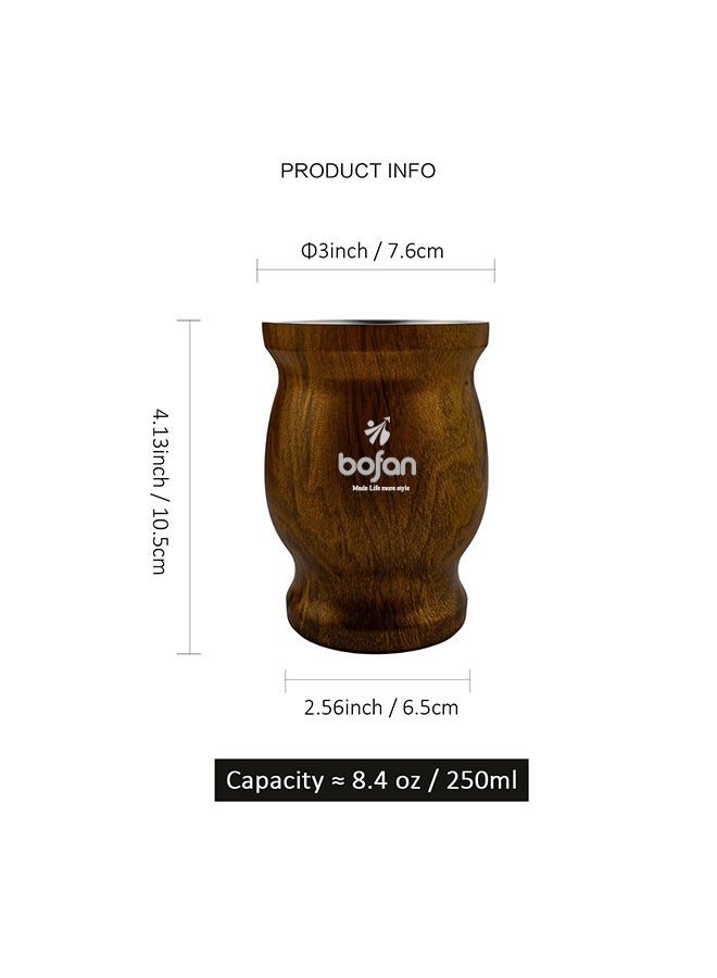 بوفان كوب شاي يربا ماتي مع غطاء، مصنوع من الفولاذ المقاوم للصدأ بجدار مزدوج، سهل الغسل، معزول للاستخدام المنزلي، مصنوع من قرع ماتي لشرب أوراق يربا ماتي السائبة مع ماصة بومبيلا، 8 أونصة (لون خشبي) مع ملعقة ماصة وفرشاة تنظيف - Image 2