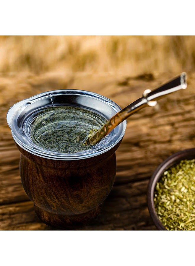 بوفان كوب شاي يربا ماتي مع غطاء، مصنوع من الفولاذ المقاوم للصدأ بجدار مزدوج، سهل الغسل، معزول للاستخدام المنزلي، مصنوع من قرع ماتي لشرب أوراق يربا ماتي السائبة مع ماصة بومبيلا، 8 أونصة (لون خشبي) مع ملعقة ماصة وفرشاة تنظيف - Image 5