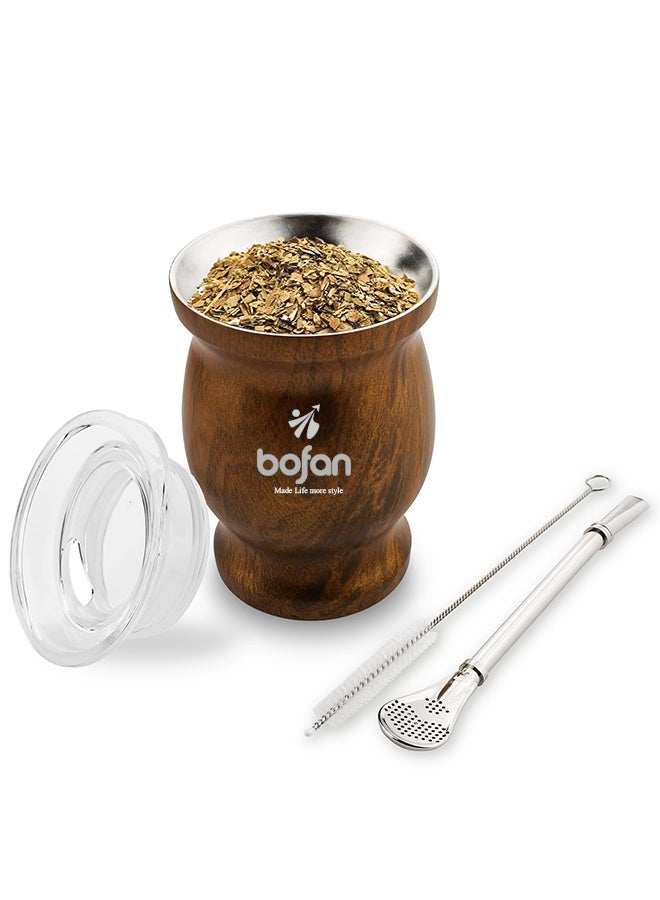 بوفان كوب شاي يربا ماتي مع غطاء، مصنوع من الفولاذ المقاوم للصدأ بجدار مزدوج، سهل الغسل، معزول للاستخدام المنزلي، مصنوع من قرع ماتي لشرب أوراق يربا ماتي السائبة مع ماصة بومبيلا، 8 أونصة (لون خشبي) مع ملعقة ماصة وفرشاة تنظيف - Image 1