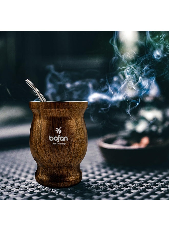 بوفان كوب شاي يربا ماتي مع غطاء، مصنوع من الفولاذ المقاوم للصدأ بجدار مزدوج، سهل الغسل، معزول للاستخدام المنزلي، مصنوع من قرع ماتي لشرب أوراق يربا ماتي السائبة مع ماصة بومبيلا، 8 أونصة (لون خشبي) مع ملعقة ماصة وفرشاة تنظيف - Image 3