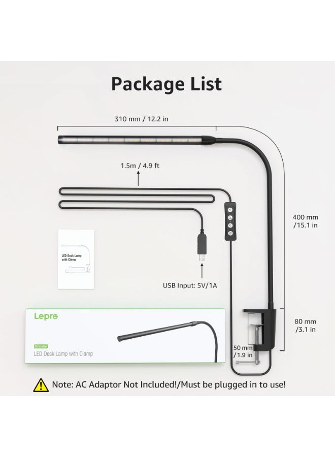 مصباح مكتب بمشبك أسود، قابل للتعتيم، بمنفذ USB، ذراع مرن، 3 أوضاع ألوان، 10 مستويات سطوع - Image 5