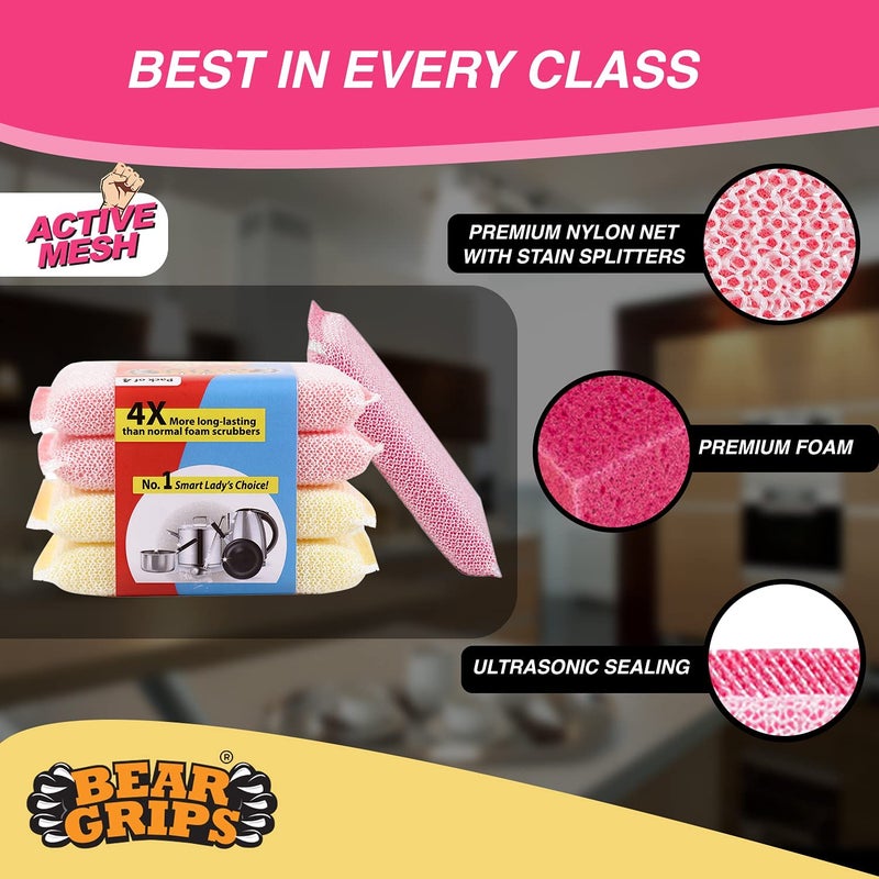 BEAR GRIPS Active mesh Scrub FoamSponge Scratch Proof Scrubber with with Stain Splitter net for All Utensils Type Dish Washing and Heavy and Oily Stains Cleaning Pack of 4 - Image 3