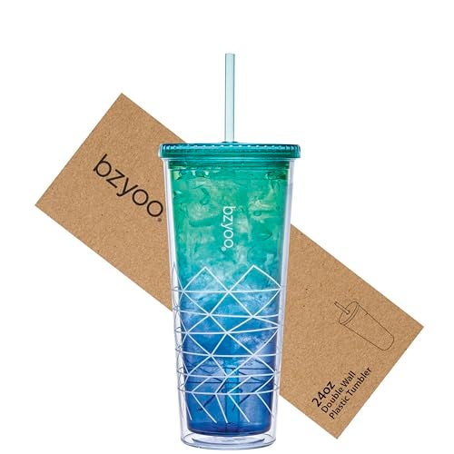 bzyoo SIP 24oz 710ml Double Wall Plastic Tumbler with Lid and Straw Cold Drink Travel Mug Party Reusable Cup For Office Outdoor Dining Gift For Him  Her Blue  Green