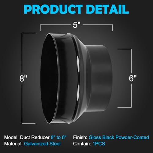 Kikerike Duct Reducter 8 to 6 Air Ducting Reducer Increaser Air Duct Adapter or Round Metal Pipe Reducer for Bathroom Kitchen Ventilation Systems - Black - Image 2