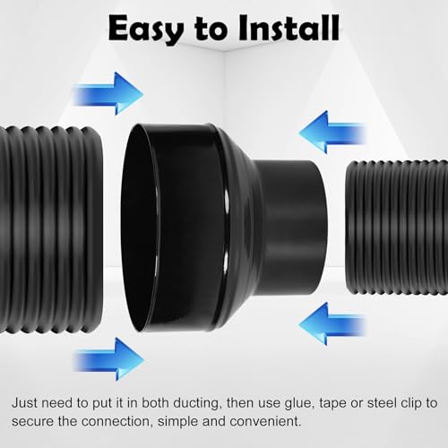 Kikerike Duct Reducter 8 to 6 Air Ducting Reducer Increaser Air Duct Adapter or Round Metal Pipe Reducer for Bathroom Kitchen Ventilation Systems - Black - Image 4