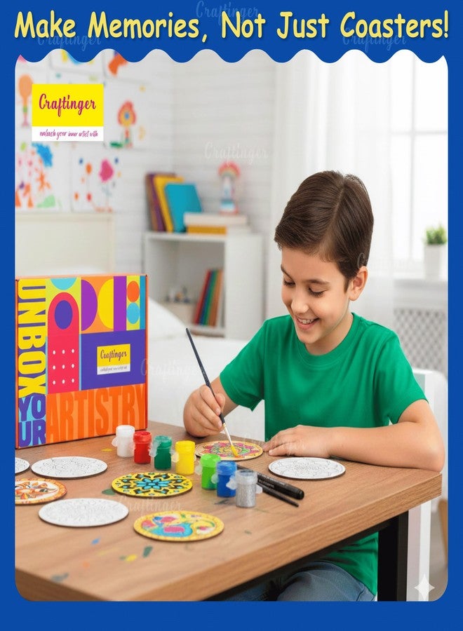 Craftinger Coaster Painting Kit for Kids | DIY Art & Craft Set with 6 Pre-Marked Coasters, Acrylic Colors, Brushes, Palette Tray & Gloss Varnish | Creative Painting Gift Box for Boys & Girls, Home, Office, Activity, Coloring Tea Cup Table Birthday Kitchen (Mandala Coaster) - Image 5