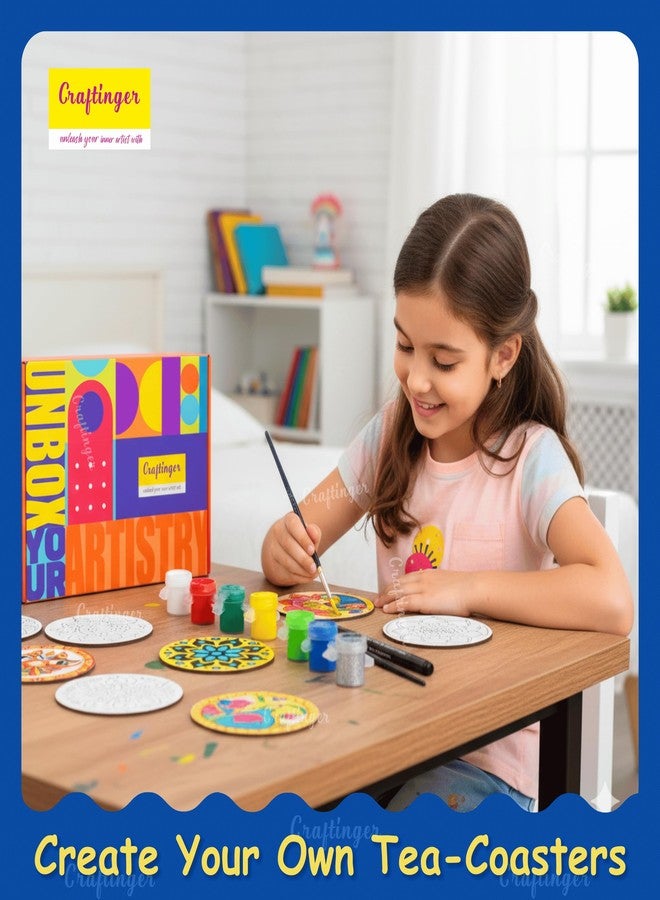 Craftinger Coaster Painting Kit for Kids | DIY Art & Craft Set with 6 Pre-Marked Coasters, Acrylic Colors, Brushes, Palette Tray & Gloss Varnish | Creative Painting Gift Box for Boys & Girls, Home, Office, Activity, Coloring Tea Cup Table Birthday Kitchen (Mandala Coaster) - Image 4