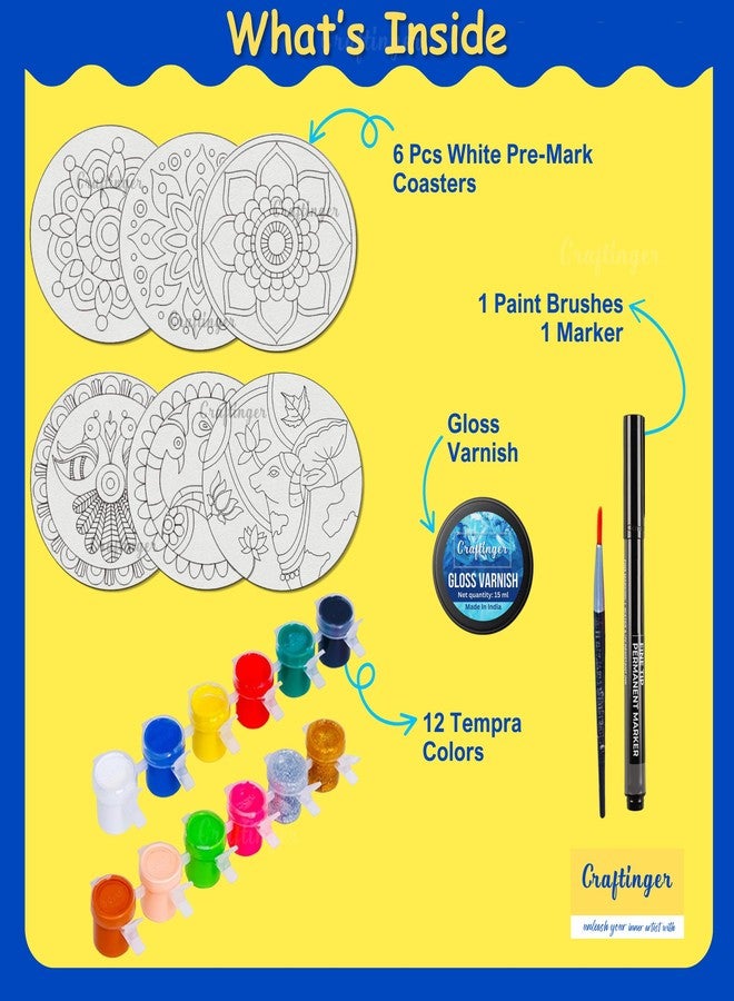 Craftinger Coaster Painting Kit for Kids | DIY Art & Craft Set with 6 Pre-Marked Coasters, Acrylic Colors, Brushes, Palette Tray & Gloss Varnish | Creative Painting Gift Box for Boys & Girls, Home, Office, Activity, Coloring Tea Cup Table Birthday Kitchen (Mandala Coaster) - Image 2