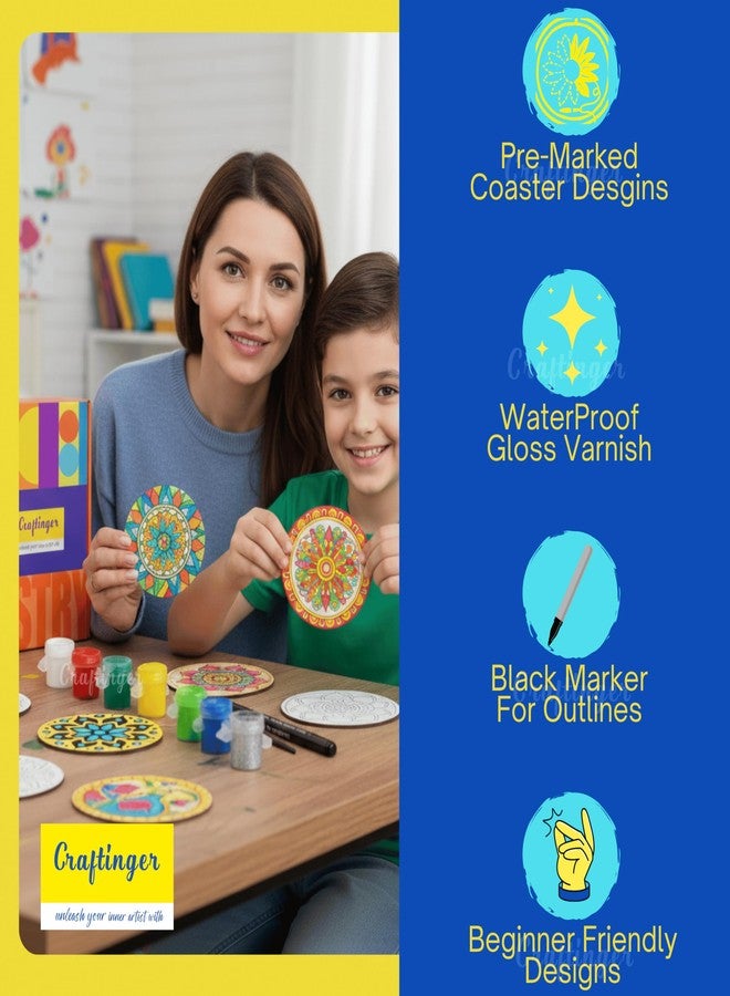 Craftinger Coaster Painting Kit for Kids | DIY Art & Craft Set with 6 Pre-Marked Coasters, Acrylic Colors, Brushes, Palette Tray & Gloss Varnish | Creative Painting Gift Box for Boys & Girls, Home, Office, Activity, Coloring Tea Cup Table Birthday Kitchen (Mandala Coaster) - Image 3