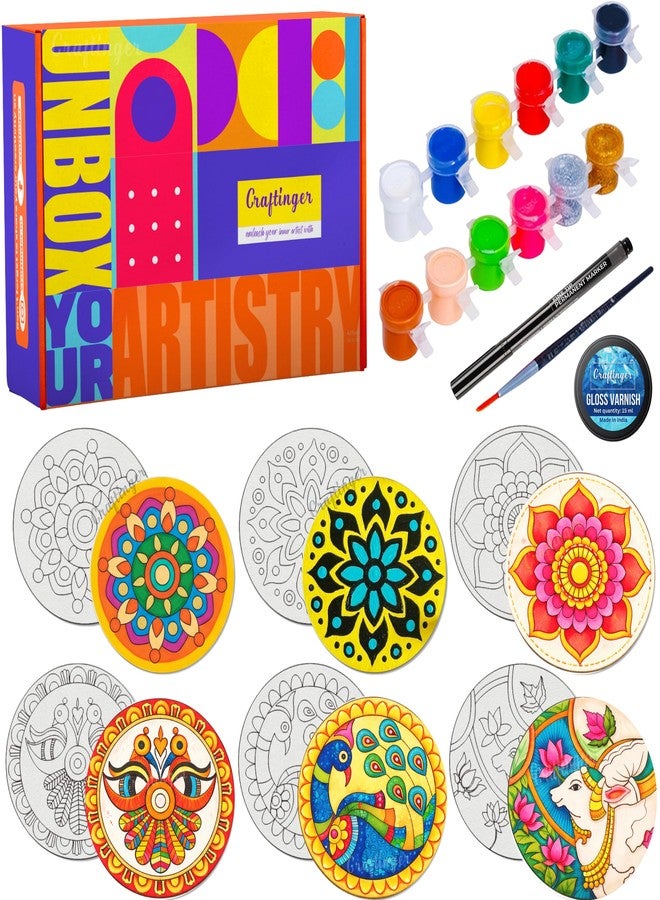 Craftinger Coaster Painting Kit for Kids | DIY Art & Craft Set with 6 Pre-Marked Coasters, Acrylic Colors, Brushes, Palette Tray & Gloss Varnish | Creative Painting Gift Box for Boys & Girls, Home, Office, Activity, Coloring Tea Cup Table Birthday Kitchen (Mandala Coaster) - Image 1