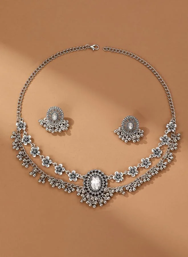 تايك تو Pack of 3 - Silver Tone Rhinestone Embellished Floral Necklace and Earrings