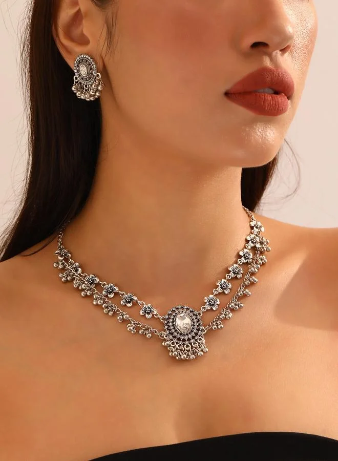 تايك تو Pack of 3 - Silver Tone Rhinestone Embellished Floral Necklace and Earrings