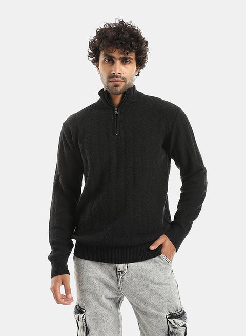 Half Zipper High CollarPlain Long Sleeves Black Pullover-Black