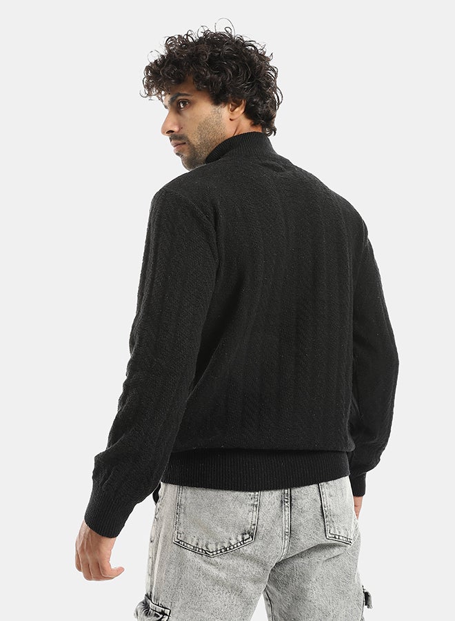 Andora Half Zipper High CollarPlain Long Sleeves Black Pullover-Black - Image 3