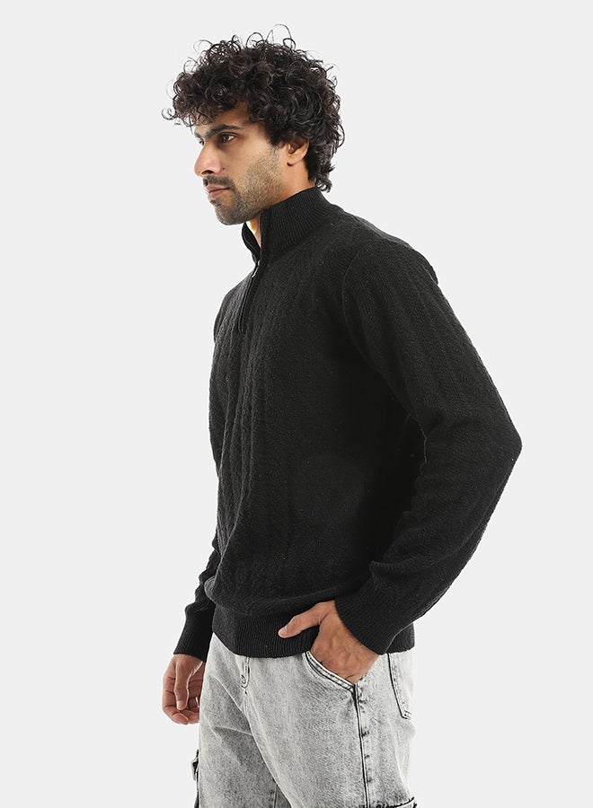 Andora Half Zipper High CollarPlain Long Sleeves Black Pullover-Black - Image 2