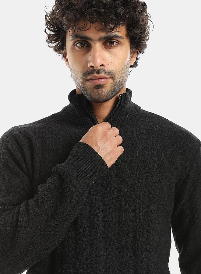 Andora Half Zipper High CollarPlain Long Sleeves Black Pullover-Black - Image 4