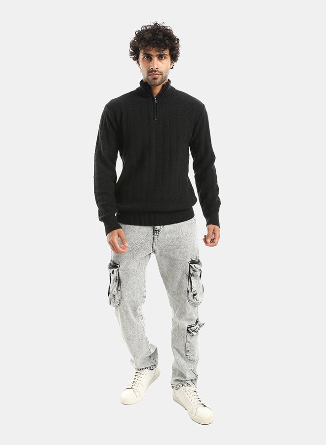 Andora Half Zipper High CollarPlain Long Sleeves Black Pullover-Black - Image 5