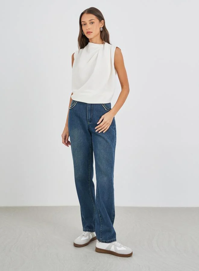 Styli Solid Asymmetric Neck Sleeveless Top