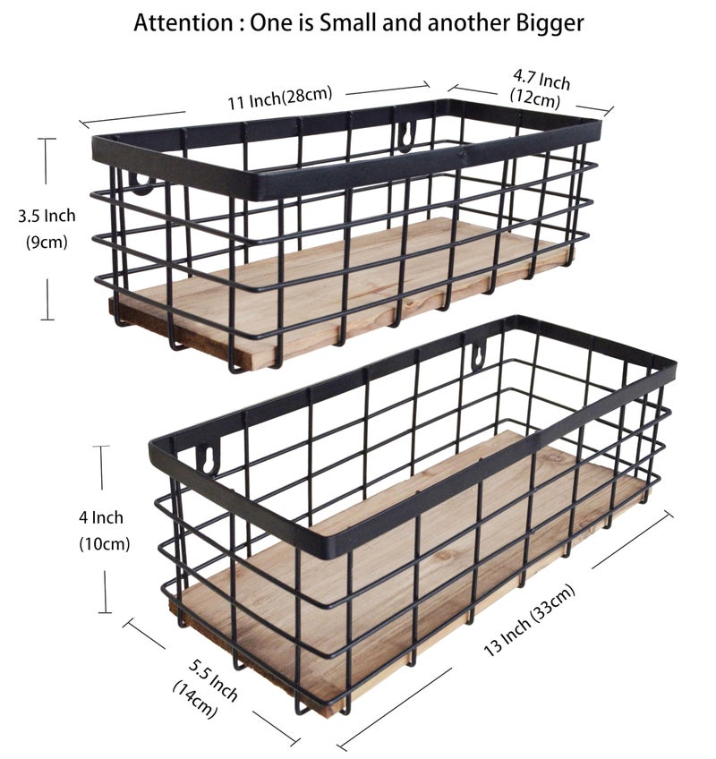ShabbyDecor Metal Wire Basket Detachable Wood Base Storage Organizer Farmhouse Small Bins for Kitchen Cabinets, Bathroom, Pantry, Laundry Room, Closets Set of 2,Black Color - Image 3