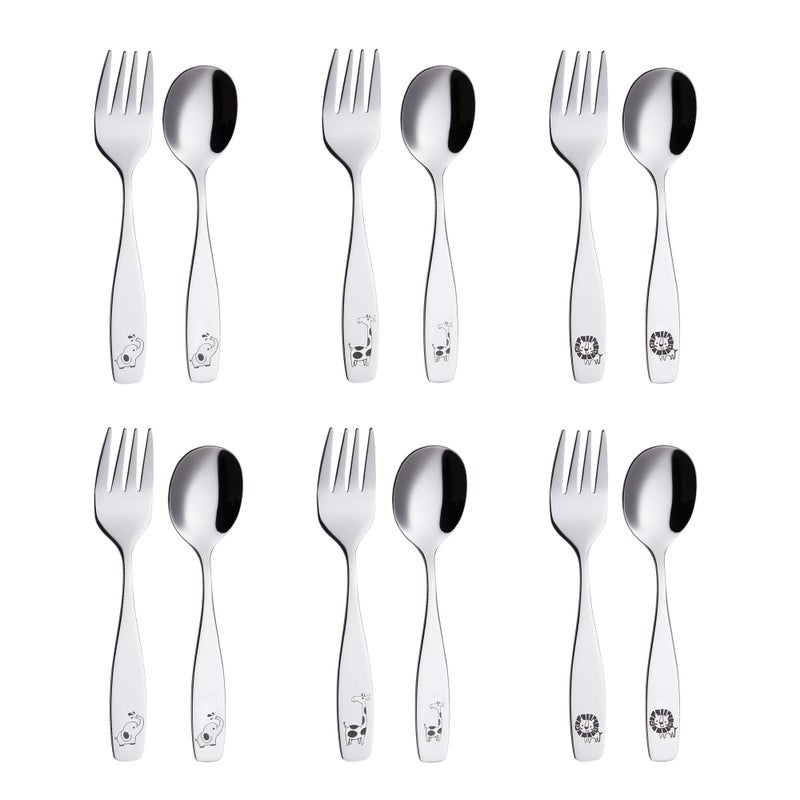 Annova ANNOVA Kids Silverware 12 Pieces Childrens Safe Flatware Set Stainless Steel  6 x Children Forks 6 x Dinner Spoons Toddler Utensils for Lunchbox Safari Animals Etched Elephant Giraffe Lion