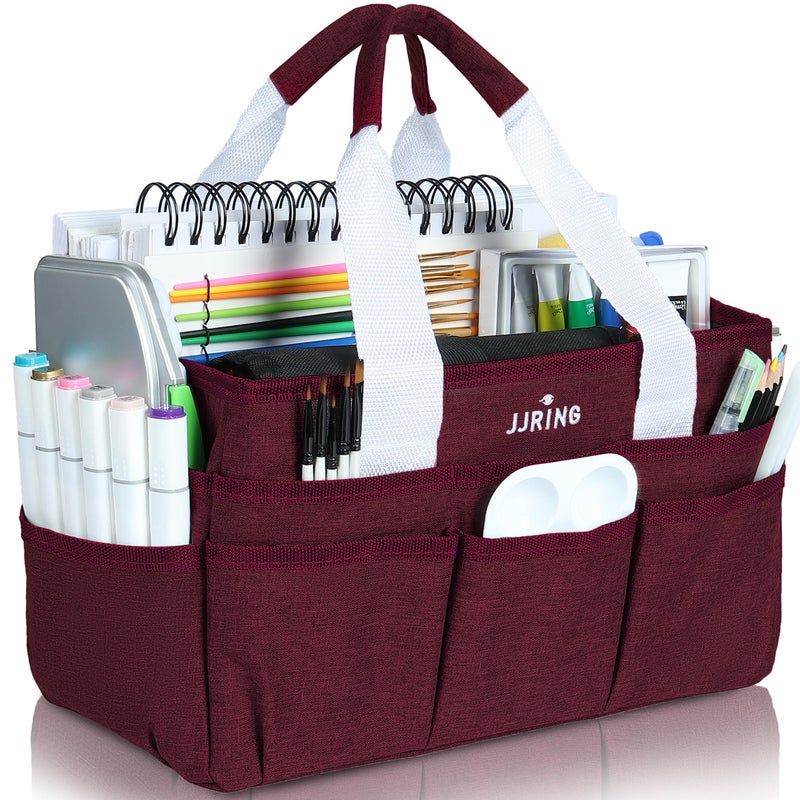 JJRING JJRING Craft Organizer Tote Bag Art Storage Caddy with Multiple Pockets Dark Red Sewing Bag for Art Craft Scrapbooking School Medical and Office 