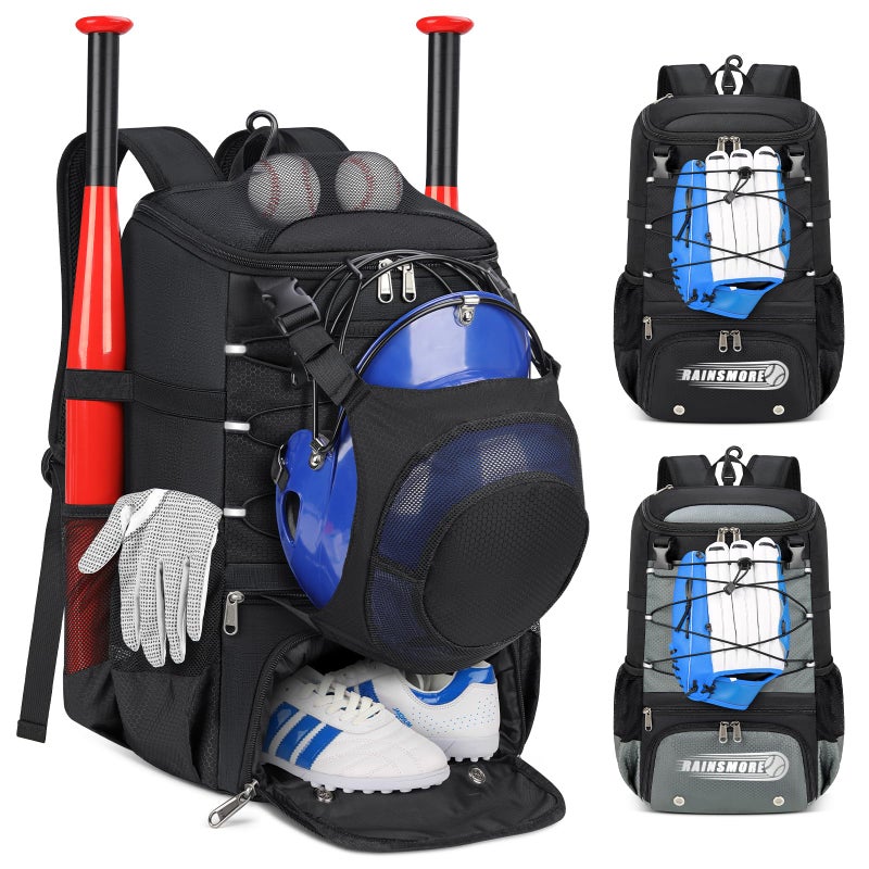 RAINSMORE Baseball Bag for Youth & Adult Lightweight Softball Bat Bag with Shoe Compartment, External Helmet Holder and Fence Hook Waterproof Baseball Backpack Hold T-Ball, Bat and Softball Equipment, Black - Image 1