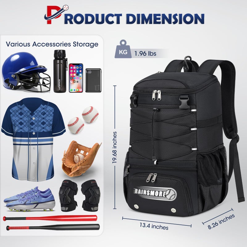 RAINSMORE Baseball Bag for Youth & Adult Lightweight Softball Bat Bag with Shoe Compartment, External Helmet Holder and Fence Hook Waterproof Baseball Backpack Hold T-Ball, Bat and Softball Equipment, Black - Image 5