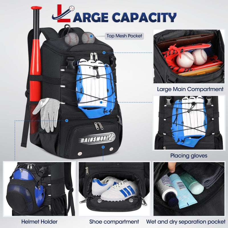 RAINSMORE Baseball Bag for Youth & Adult Lightweight Softball Bat Bag with Shoe Compartment, External Helmet Holder and Fence Hook Waterproof Baseball Backpack Hold T-Ball, Bat and Softball Equipment, Black - Image 2