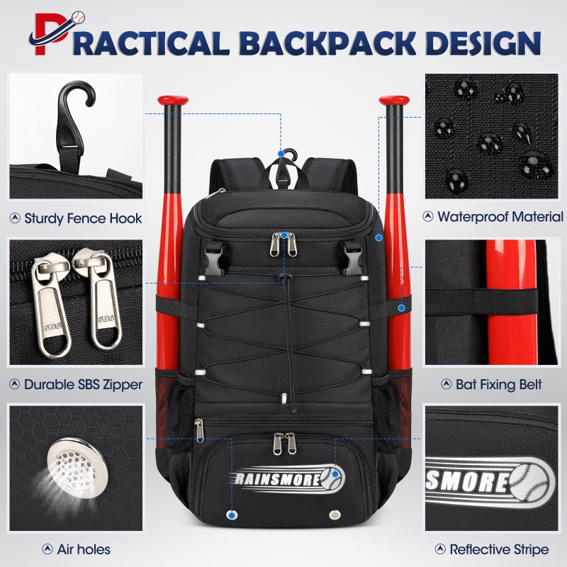 RAINSMORE Baseball Bag for Youth & Adult Lightweight Softball Bat Bag with Shoe Compartment, External Helmet Holder and Fence Hook Waterproof Baseball Backpack Hold T-Ball, Bat and Softball Equipment, Black - Image 4